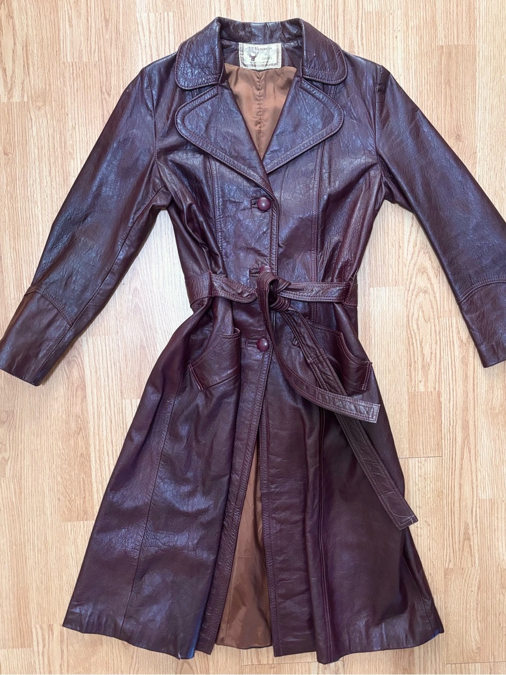 Women's Burgundy Leather Trench Coat with Belt
